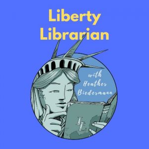 Blue Logo with Statue of Liberty Reading, Liberty Librarian Logo